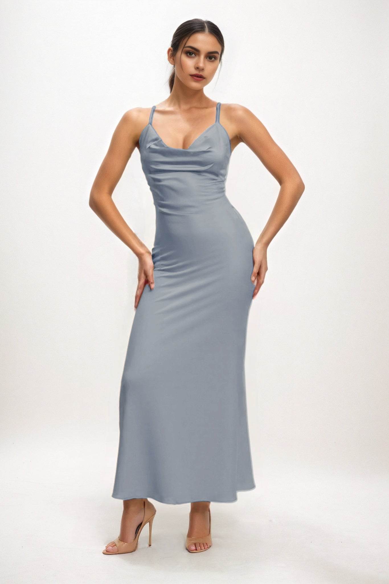 Sheath-Column Midi Luxe Satin Bridesmaid Dress CB0831 - COCOMELODY